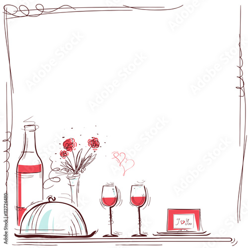 Valentin card.Vector illustration with wine and food for lovers