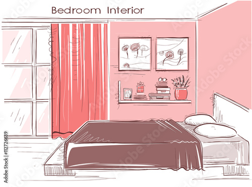 Bedroom interior.Vector color hand drawing modern home illustrat