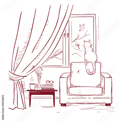 cat watching birds near the window.Interior room with modern arm