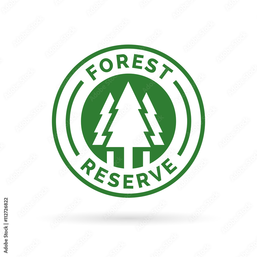Forest reserve icon badge. Protected forest sign. Tree silhouette symbol. Forest conservation icon in green emblem isolated on white background. Vector illustration. Forest reserve icon badge. Protected forest sign. Tree silhouette symbol. Forest conservation icon in green emblem isolated on white background. Vector illustration.