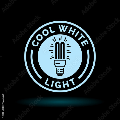 Cool white fluorescent light bulb icon. Cool white CFL lightbulb sign. Cool white light symbol. Cool white fluorescent lightbulb icon in blue emblem on black background. Vector illustration.