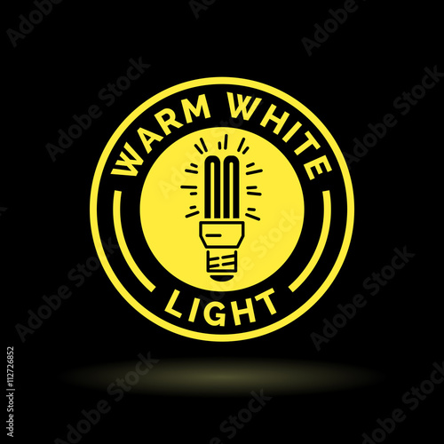 Warm white fluorescent light bulb icon. Warm white CFL lightbulb sign. Warm white light symbol. Warm white fluorescent lightbulb icon in yellow emblem on black background. Vector illustration.