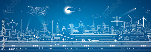 Airport panorama, aircraft on runway, airplane takeoff, city infrastructure on background, 