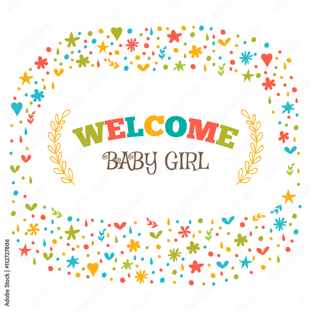 Baby girl shower card. Welcome baby girl. Baby girl arrival post