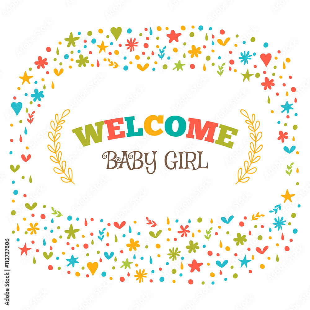 Baby girl shower card. Welcome baby girl. Baby girl arrival post Baby girl shower card. Welcome baby girl. Baby girl arrival post
