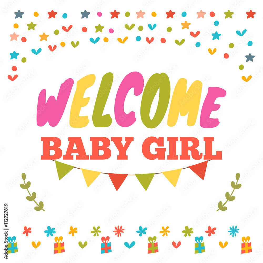 Baby girl shower card. Welcome baby girl. Baby girl arrival post