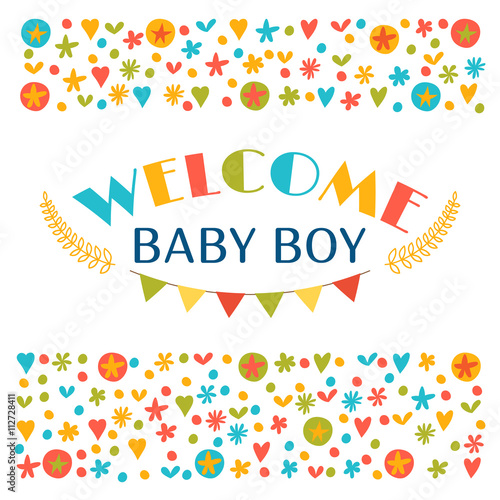Welcome baby boy. Baby boy shower card. Announcement card. Baby