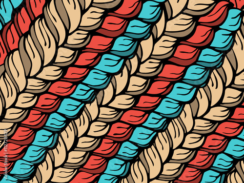 Hand-drawn rectangular pattern with a vector image of interwoven strands of hair or yarn in warm pastel shades of pale, beige, red and blue. Suitable for web design, artwork, prints, invitations.