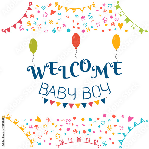 Welcome baby boy. Baby shower greeting card. Cute baby boy showe