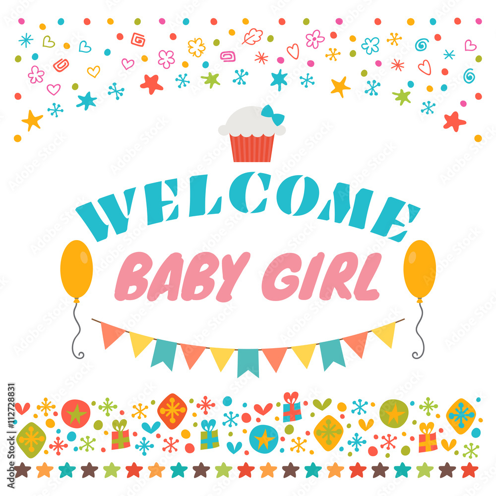 Welcome baby girl. Announcement card. Baby shower greeting card.