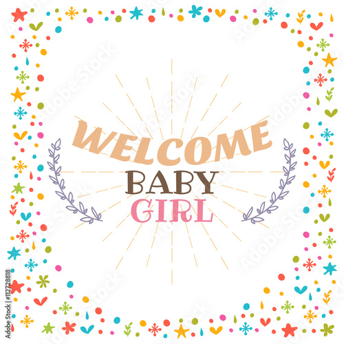 Welcome baby girl shower card. Cute postcard. Arrival card