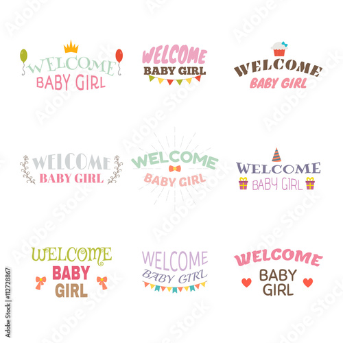 Welcome baby girl. Baby girl arrival postcards. Baby shower card