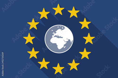 long shadow EU flag with an Asia, Africa and Europe regions wo