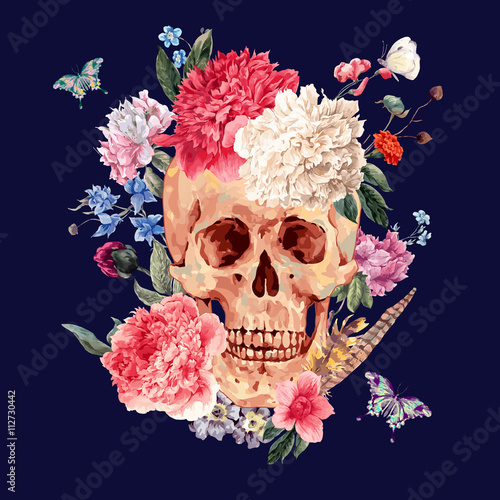 Watercolor vector card with skull and pink peony