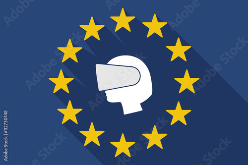 long shadow EU flag with  a female head wearing a virtual realit