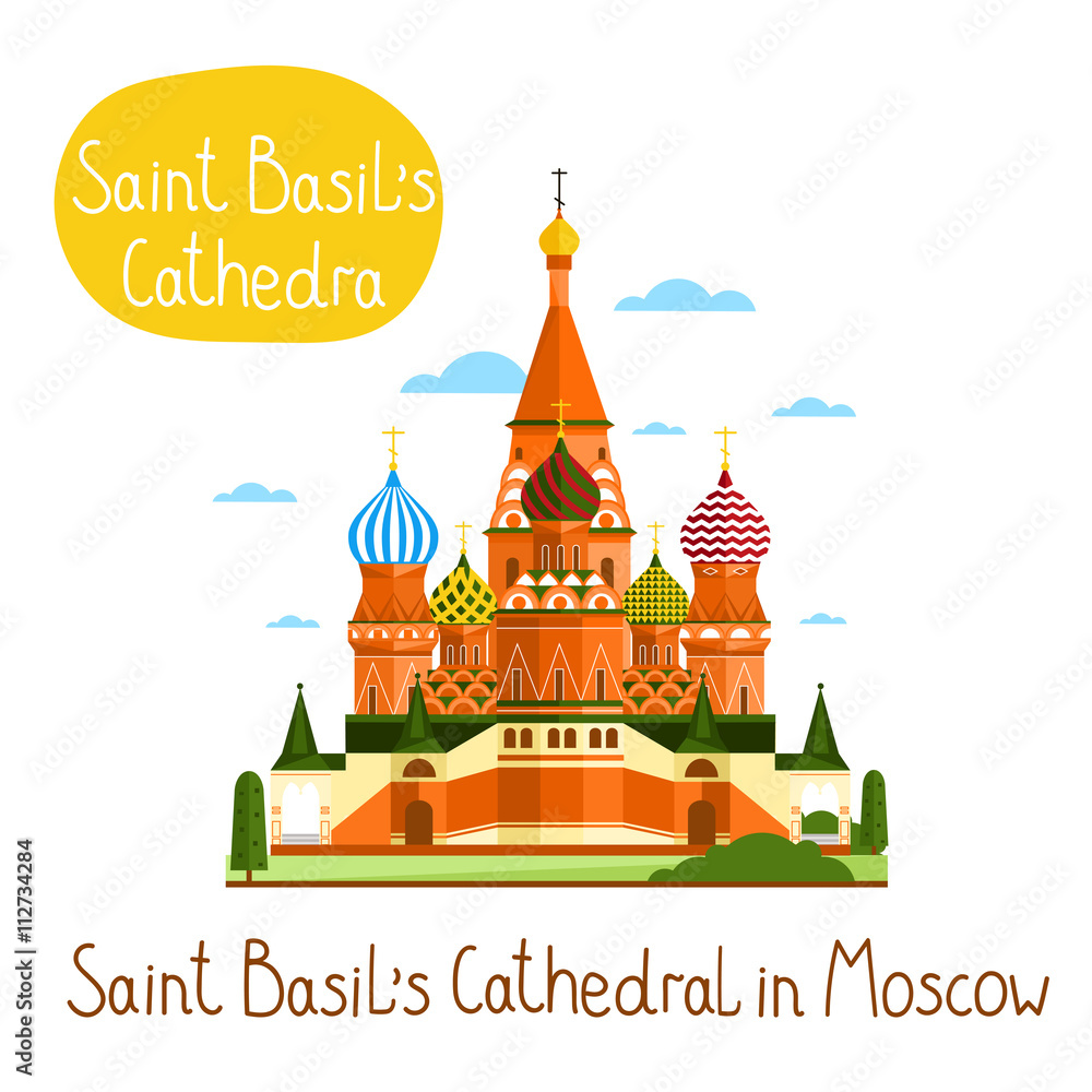 Saint Basil's Cathedral in Moscow. Famous world landmarks icon concept. Journey around the world. Tourism and vacation theme. Modern design flat vector illustration. Saint Basil's Cathedral in Moscow. Famous world landmarks icon concept. Journey around the world. Tourism and vacation theme. Modern design flat vector illustration.