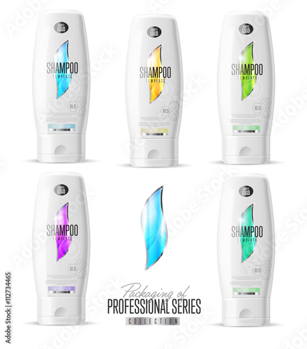 Shampoo design pack. Cosmetic brand template. Vector packaging. Body care product. Realistic bottle mock up set. Isolated pack on white background.