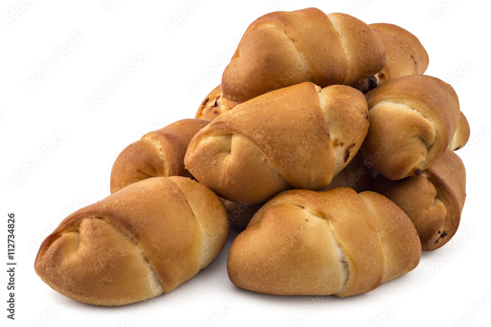 Pile of fresh bavarian pastries rolls, kifla kiflice, isolated on white background Pile of fresh bavarian pastries rolls, kifla kiflice, isolated on white background