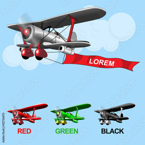 Old airplane model flying in the sky with clouds, silver, green and black set collection over blue background. Digital vector image.