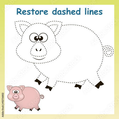 Pig in vector to be traced. Restore dashed line and color the picture. For preschool children.