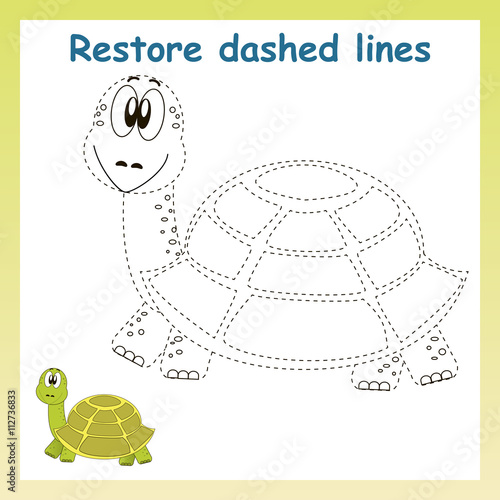 Turtle in vector to be traced. Restore dashed line and color the picture. For preschool children.