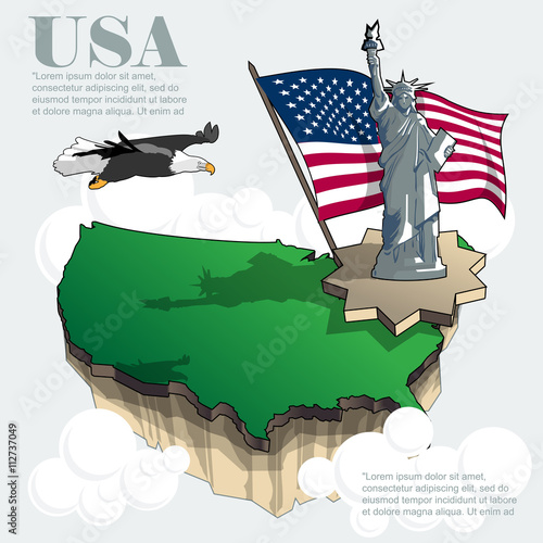 Usa country infographic map in 3d with country shape flying in the sky with clouds, big flag, liberty statue and flying eagle. Digital vector image