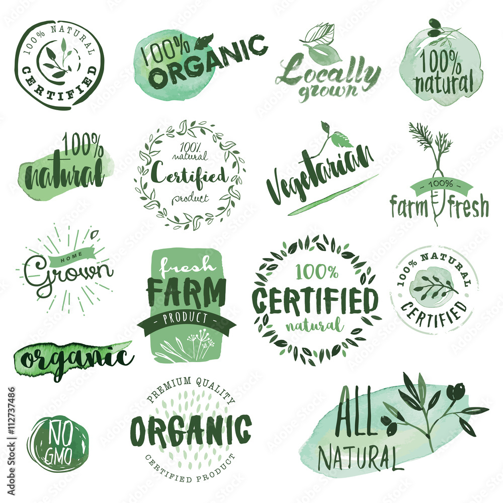 Fototapeta Organic food labels and badges. Hand drawn watercolor vector illustration set for food and drink, restaurant, natural products.