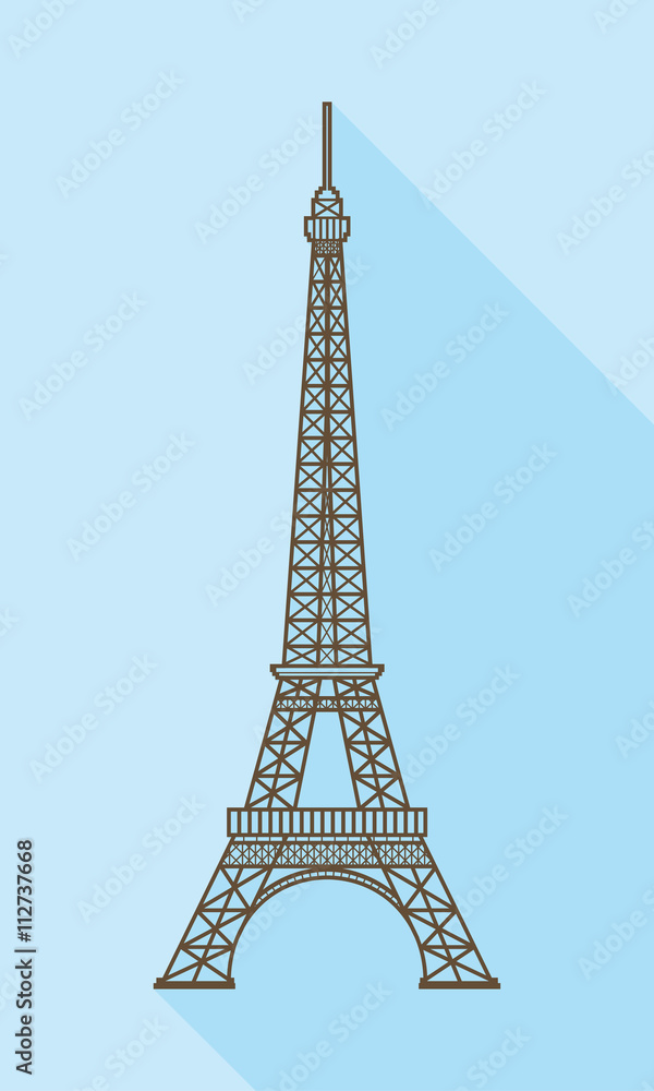 Eiffel tower in Paris. Flat style. Blue background with shadow.