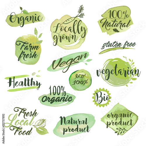 Hand drawn watercolor labels and badges for organic food, restaurant and natural products. Vector illustration set for graphic and web design.