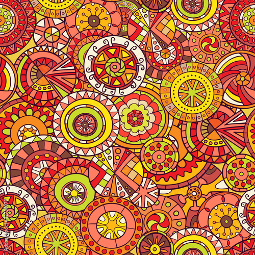  Seamless pattern of hand-drawn and painted mandalas. Vector graphics.