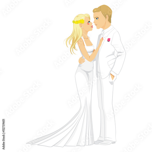 Beautiful young blonde couple in white dress tenderly looking to each other on their wedding day