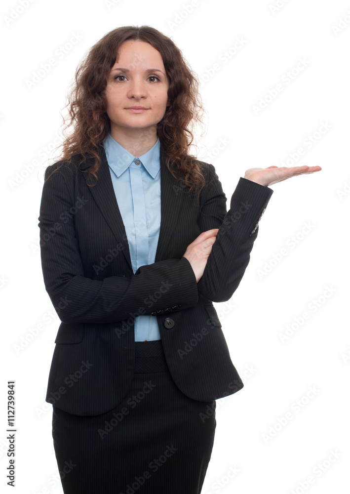 young business woman showing something on palm young business woman showing something on palm