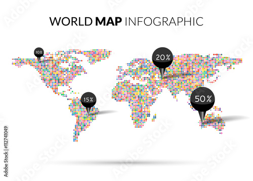 World Map colorful Dot illustration infographics with points pins and percentage on dark background. Halftone Dotwork Vector illustration