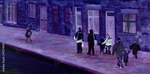 Painting of mothers and children on a street in winter.
