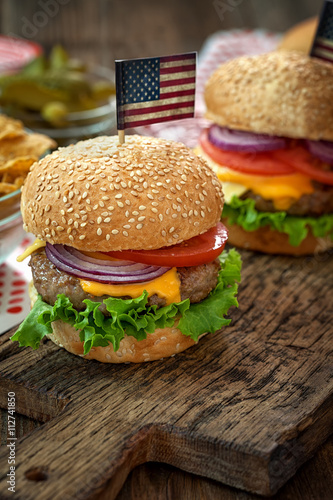 American 4th of July Cheeseburgers with copy space 