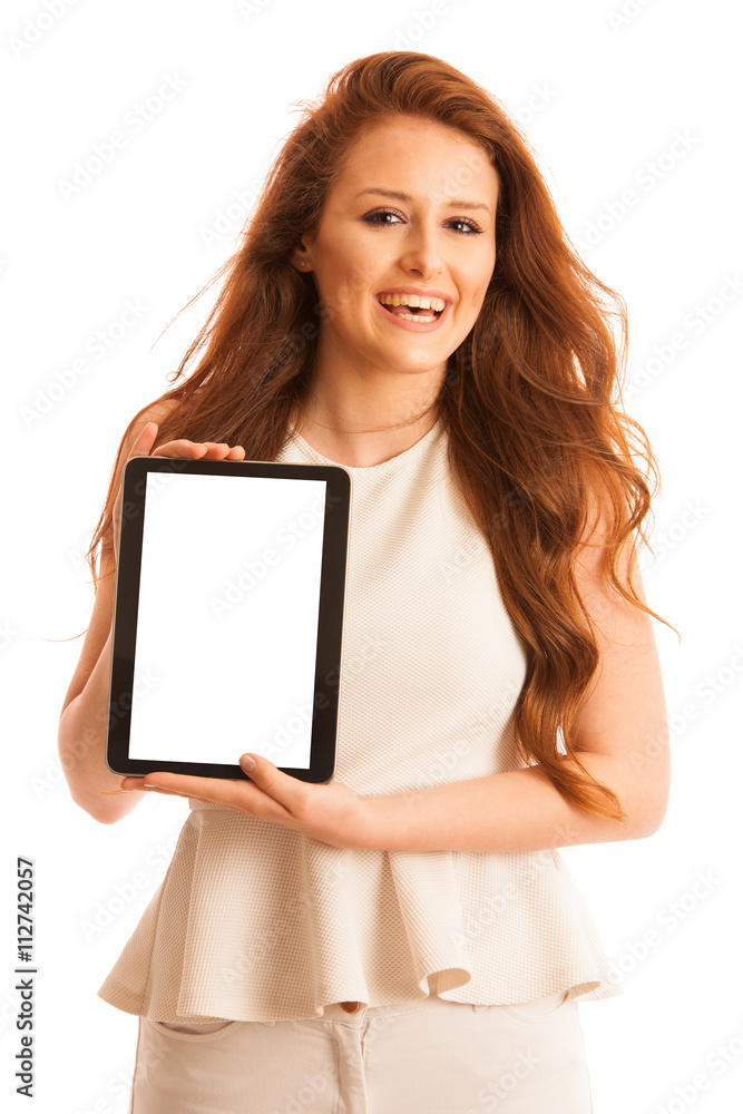 Business woman brousing the web on a tablet isolated over white Business woman brousing the web on a tablet isolated over white