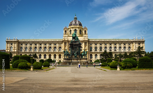 Beautiful view of famous Kunsthistorisches Museum with park and sculpture in Vienna, Austria.