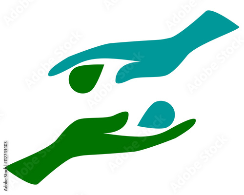  nature abstract concept blue and green hands holding water drop and leaf