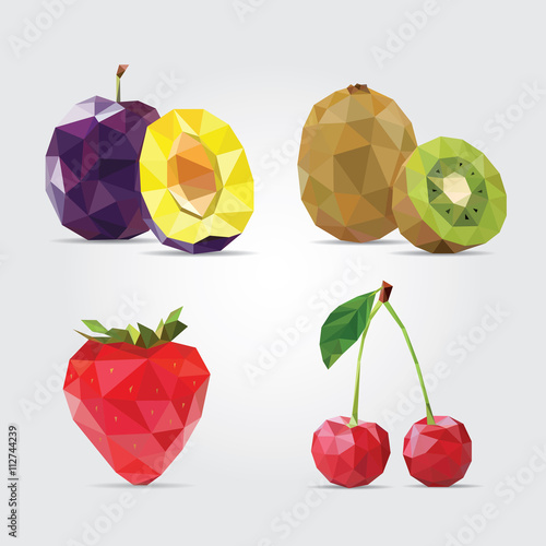 Polygonal Fruits. Fruits Set. Plum, Kiwi, Strawberry and Cherry in Vector