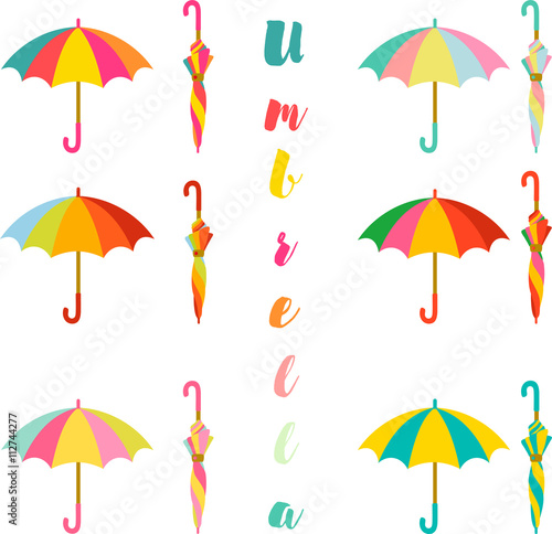 Umbrella, Set of colorful open and closed umbrella