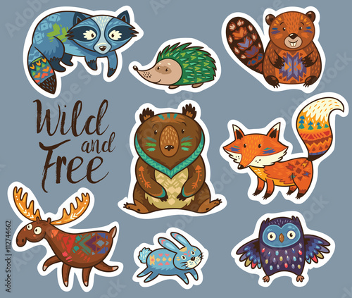 Sticker set of forest animals in cartoon style