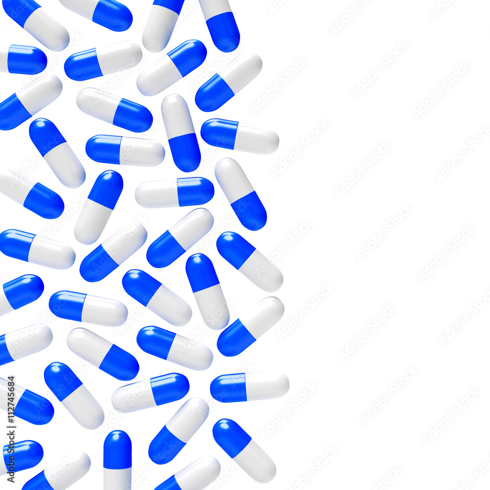 Blue medical capsules on white background with space for text Blue medical capsules on white background with space for text