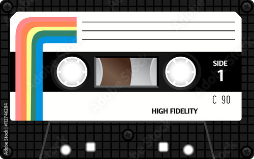 Retro plastic audio cassette, music cassette, cassette tape. Isolated on white background. Realistic illustration of old technology. Vintage tape.