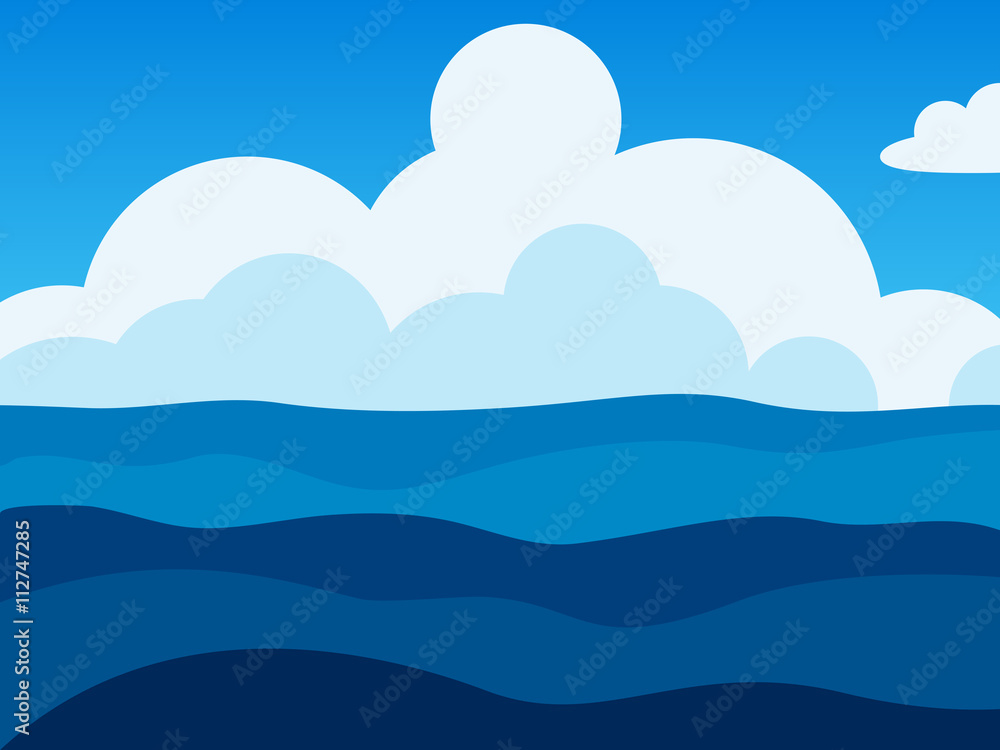 Deep blue sea background with waves and clouds. Ocean and white cumulus clouds. Ocean view landscape. Vector Illustration. Deep blue sea background with waves and clouds. Ocean and white cumulus clouds. Ocean view landscape. Vector Illustration.
