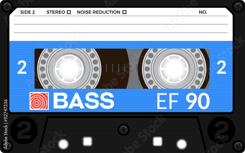 Retro plastic audio cassette, music cassette, cassette tape. Isolated on white background. Realistic illustration of old technology. Vintage tape.