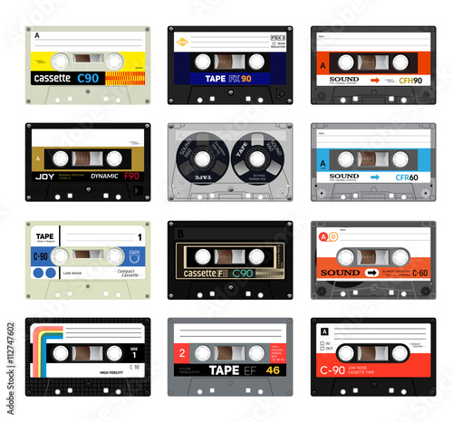 Retro plastic audio cassette, music cassette, cassette tape. Isolated on white background. Realistic illustration of old technology. Vintage tape.