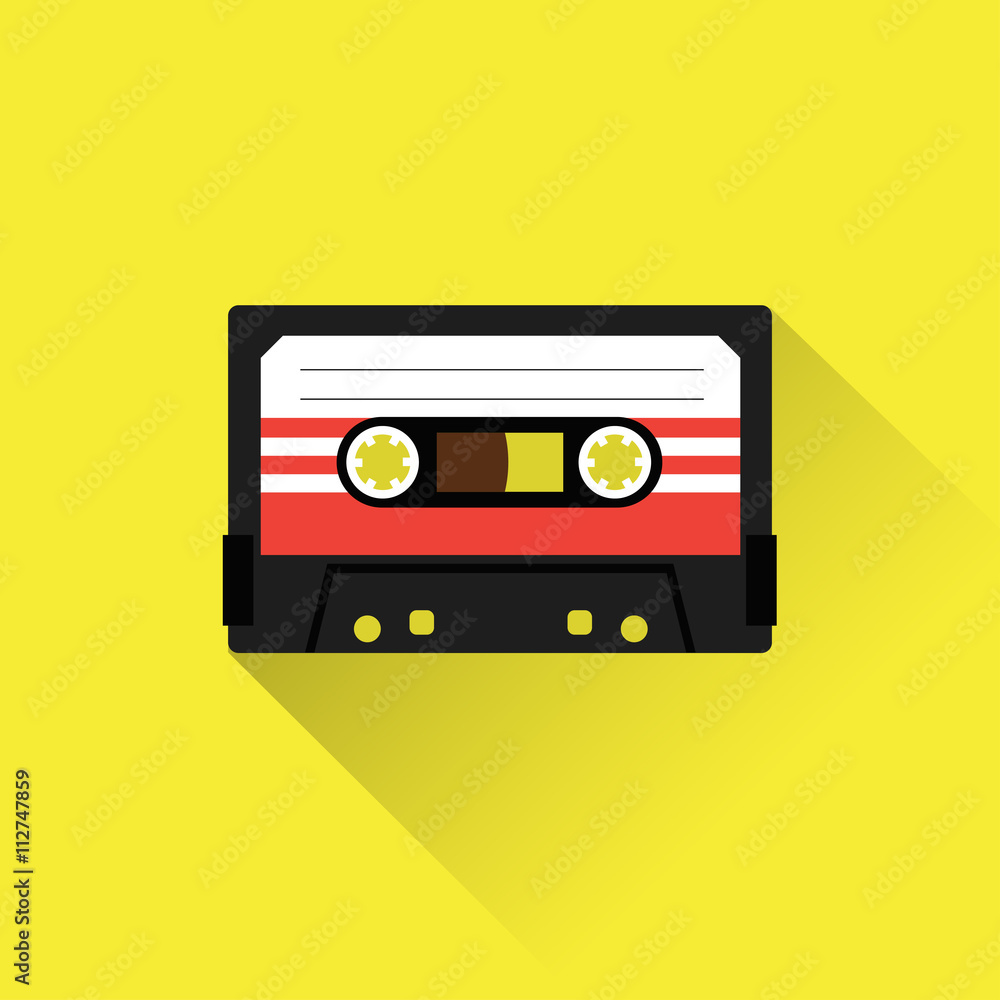 Cassette tape icon flat style. Isolated icon depicting retro technology, music tape cassette. Vintage cassette tape sign. Flat series.
