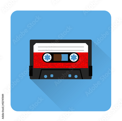 Cassette tape icon flat style. Isolated icon depicting retro technology, music tape cassette. Vintage cassette tape sign. Flat series, blue.
