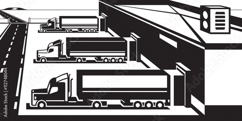 Trucks loading goods in warehouse - vector illustration