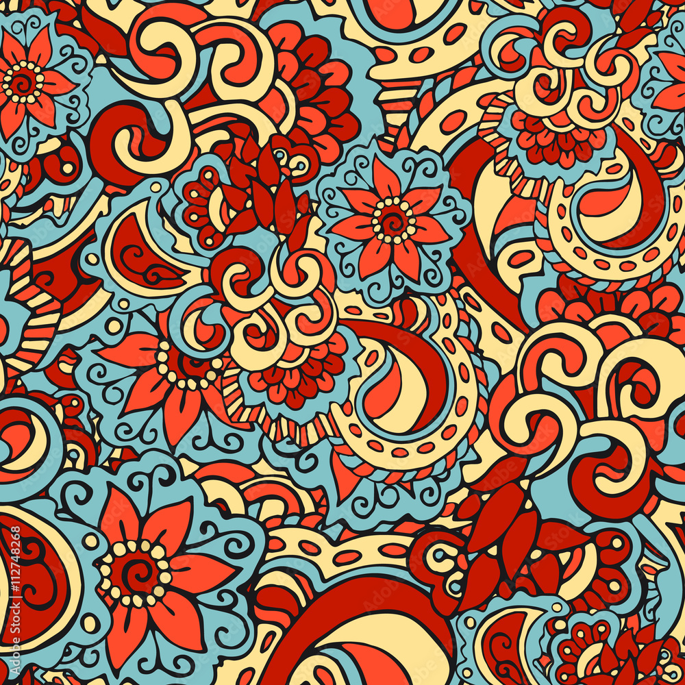 Bright seamless pattern in doodle style colored in red, yellow, blue and orange. Hand-drawn elegant vector ornament.